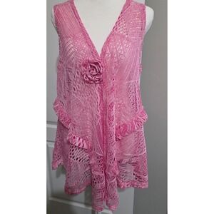 Venice Blue Cardigan‎ Women OS Pink Crochet Knit Rosette Open Front ShabbyChic